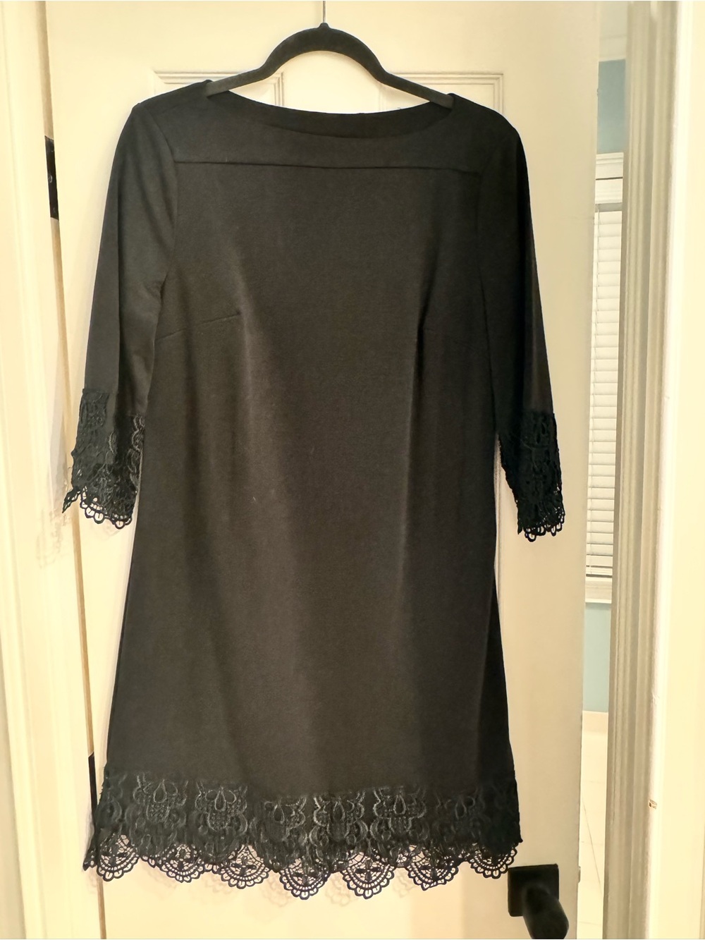 Beige by eci Black Long Sleeve Shift Dress with Lace Trim